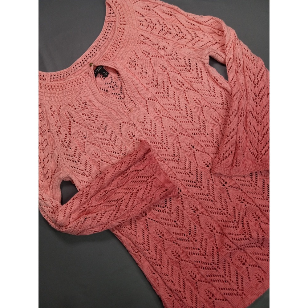 Talbots Womens Pink Cotton Pointelle Knit Keyhole Bell Sleeve Sweater Size S